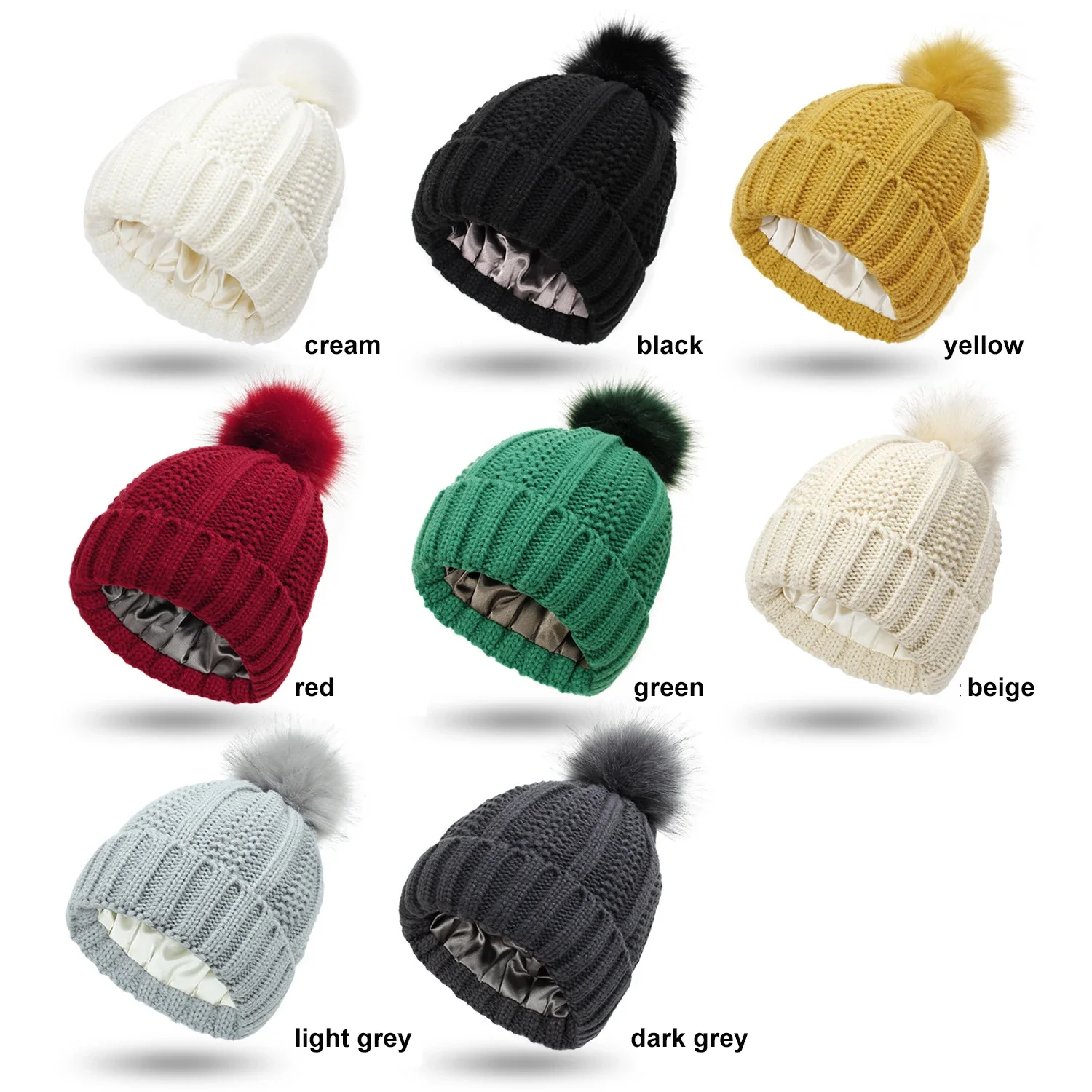 Winter Silk Satin Lined Beanie Hats for Women Thick Chunky Cap Bonnets Striped Warm High Quality Cashmere Knitted Pom Hat