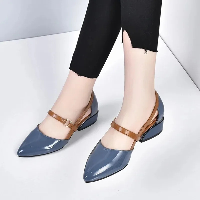 Spring and summer season single shoe thick heel soft sole solid color Pointed breathable middle-aged and elderly fashion 241111
