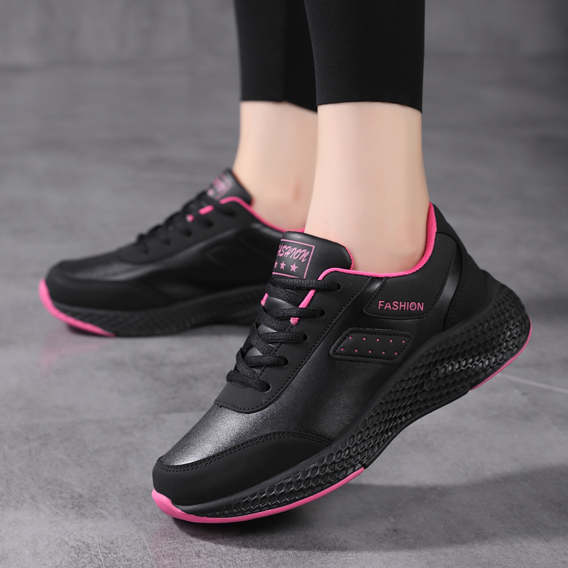 Casual Black Leather Sneakers: Women's Lace-Up Flats, Lightweight Hot & Comfortable Anti-Slip Outdoor Sports Shoes Sneakers: Flats, &