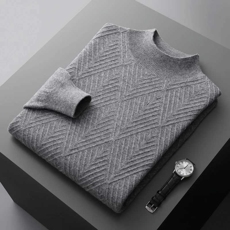 100% pure wool cashmere sweater mens loose half turtle collar jacquard zipper autumn and winter young top W2411111