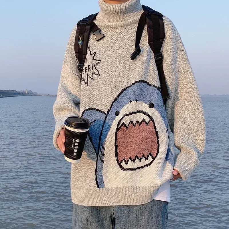 Mens turtle neck shark sweater mens winter patch or Harajuku Korean style high neck ultra-fine gray turtle neck W2411111
