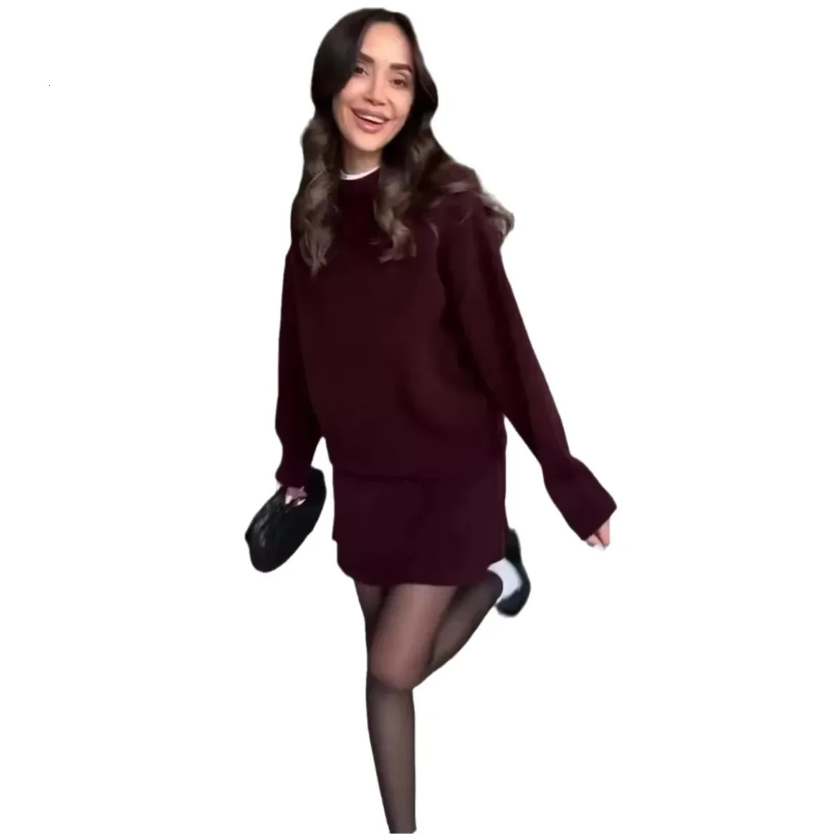 Womens autumn and winter fashion casual 2-piece solid color knitted sweater and mini skirt in ivy style 241112