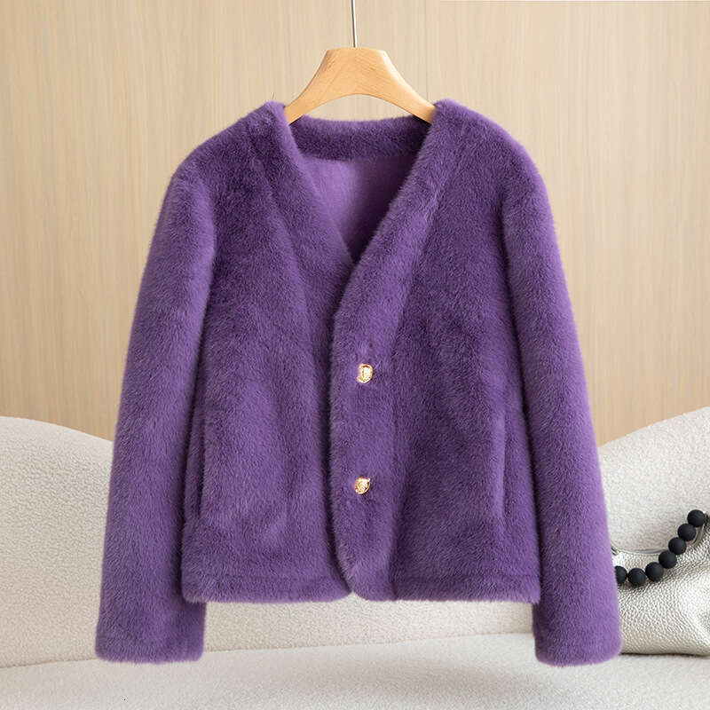 shanshi fur coat women Korean version purple short coat for women small stature fashionable and versatile temperament western-style fur cardigan