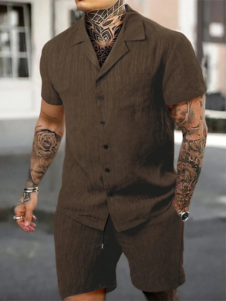 Casual Solid Color Short Sleeve Buttonup Shirts Mens Shorts Two Piece Suits Summer Beach Leisure Loose Outfits Men Fashion Sets 240409