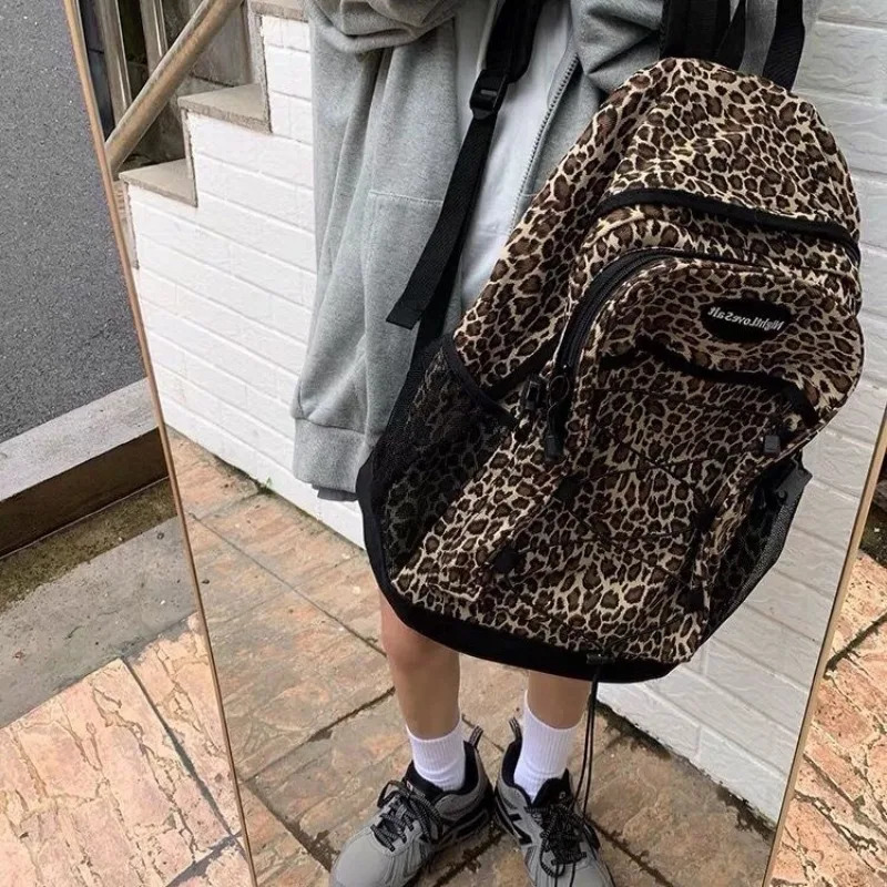 Trendy Casual Leopard Print Womens Backpack South Korea Large Capacity Versatile Leisure Schoolbag Y2k Unisex Travel Backpack 241111