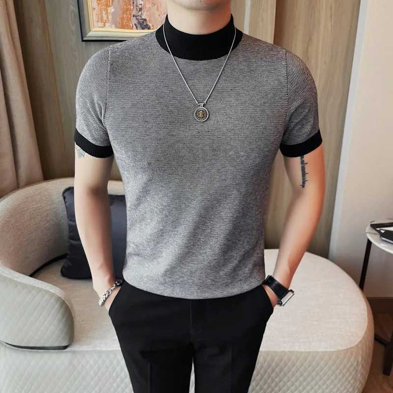 Turtleneck short sleeved sweater for mens autumn collection Korean ultra-thin slim fit casual knitted mens sweater large-sized pull rod mens 4XL-M W24