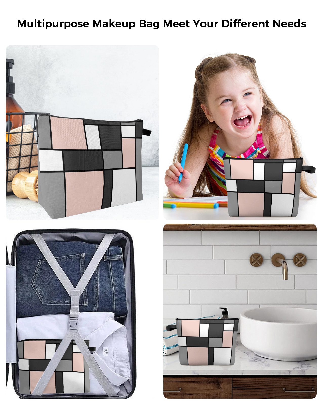 Geometric Figures Blush Pink Abstract Cosmetic Bag Portable Makeup Pouch Women Waterproof Bathroom Multifunctional Washbag 626b1