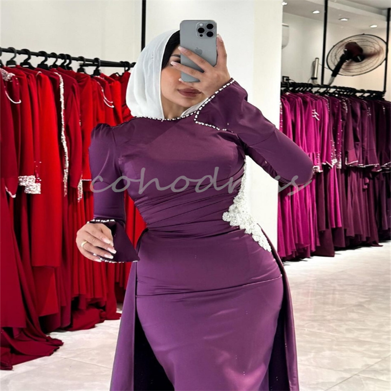 Vintage Arabian Dubai Grape Evening Dress With Overskirt Elegant Muslim Islamic Turkey Prom Dress Beaded Party Gown Charming Second Party Formal Birth