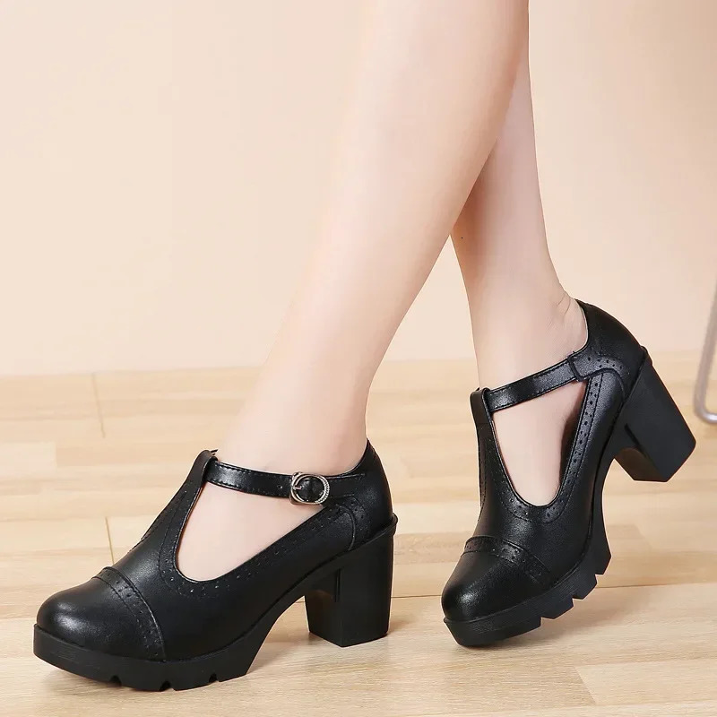 Fashion British Style Round Toe Mary Jane Shoes Leather Hollow Out Sqaure Heels Platform Retro Womens Dance Shoes 241112