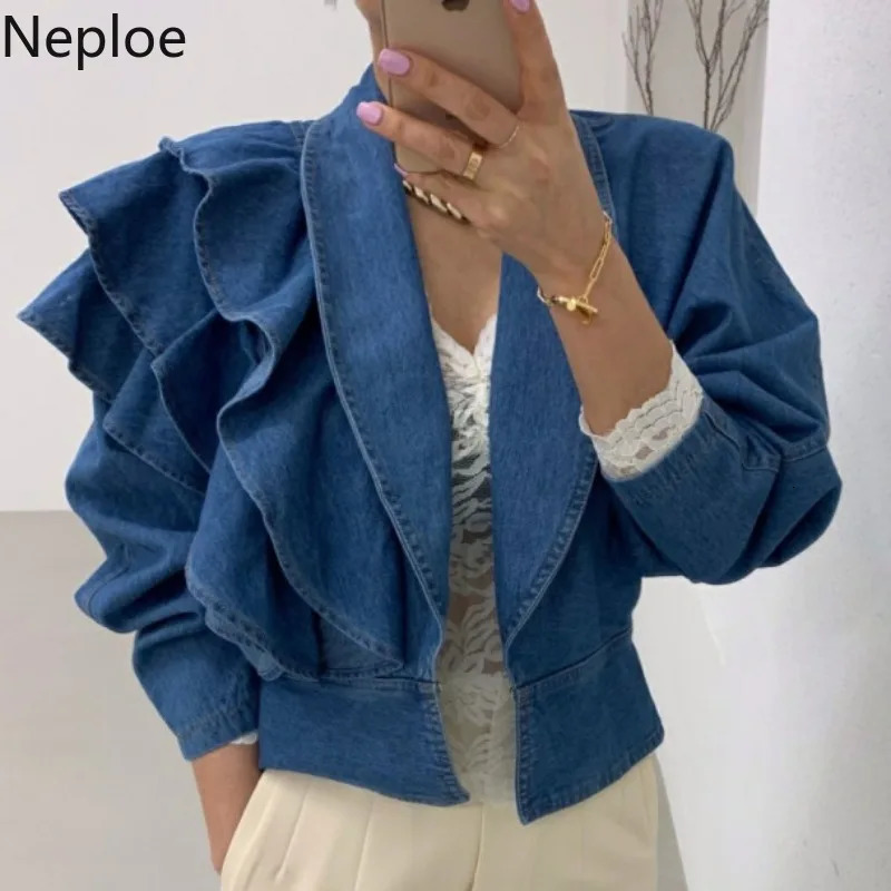 Neploe Fall Womens Clothing Cutting Denim Jacket Retro Collar Puff Sleeve Ruffle Top Korean Jeans Jacket 241112