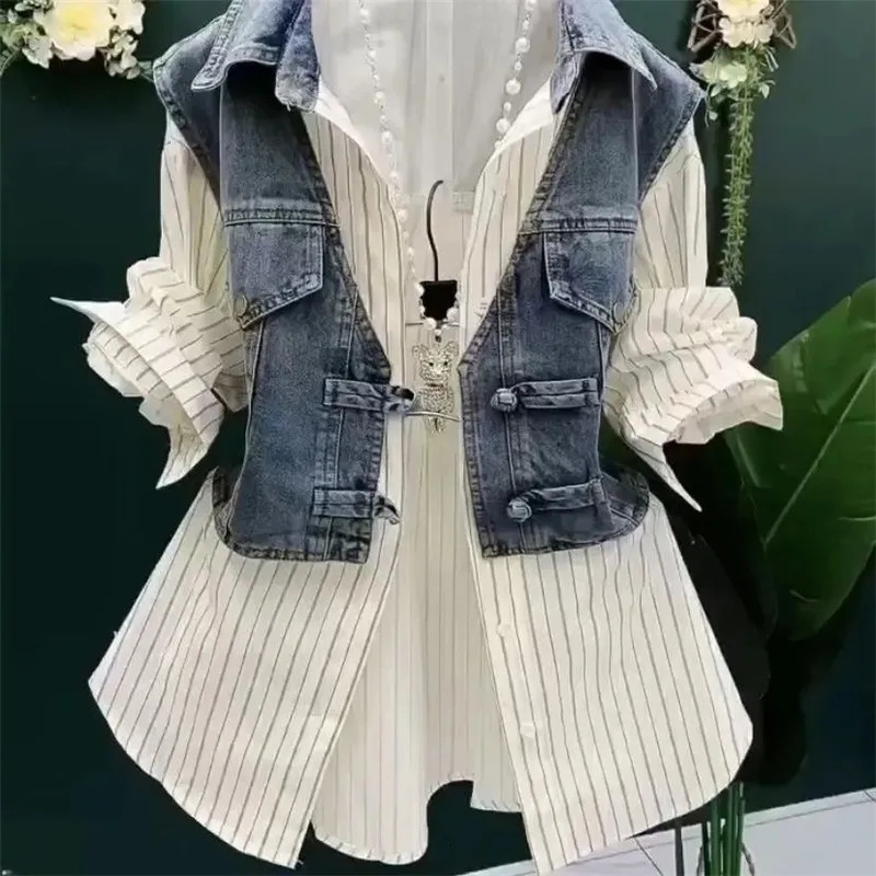 Fashion n Sense Striped Denim Jackets Shirt Womens Spring Summer cowboy Splicing Two Pieces Coat Top Women