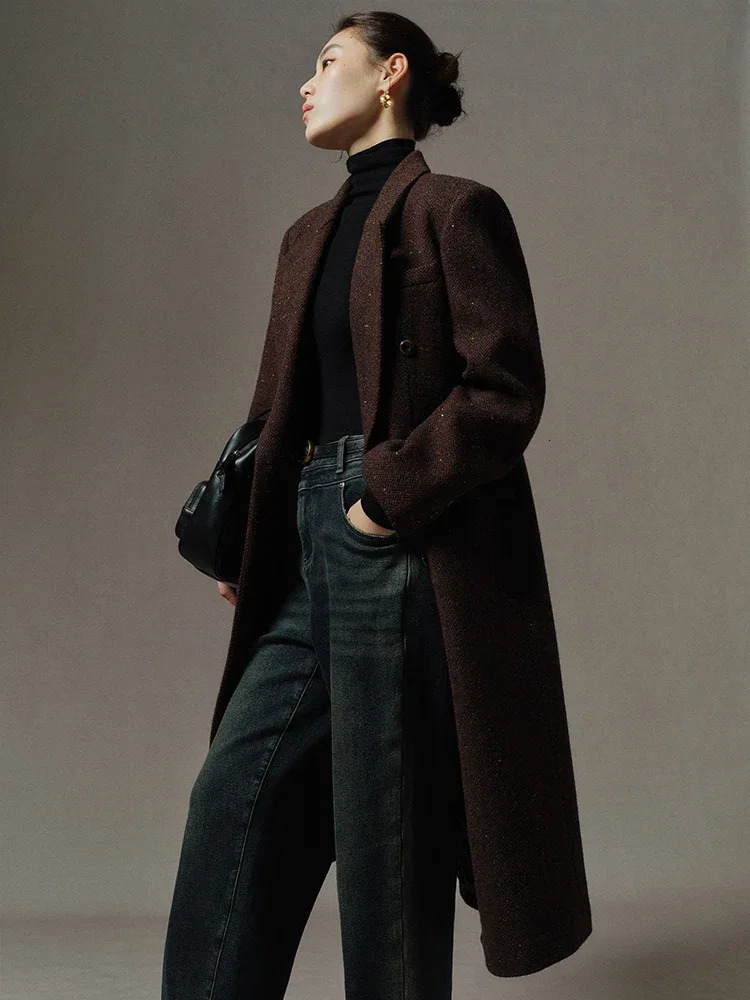 DUSHU Retro Sense Dark Coffee Brown Color Double Breasted Long Wool Coat for Women 2023 Winter Chic n Woolen Female 241112