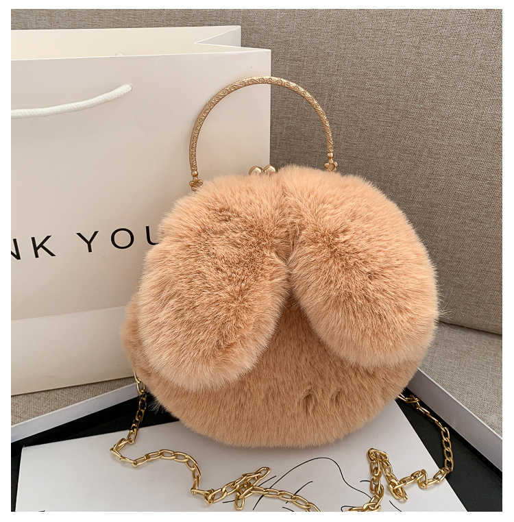 Trendy Girl Cute Plush Bag with Rabbit Ears Casual Clip on Handbag Fashionable Chain Crossbody Bags Purses 241112
