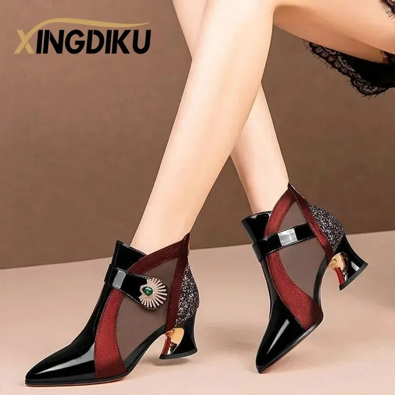 Summer Mesh Breathable Sandals High Heels with Diamond Decorations Retro British Style Sandals Womens Leather Boots 241111