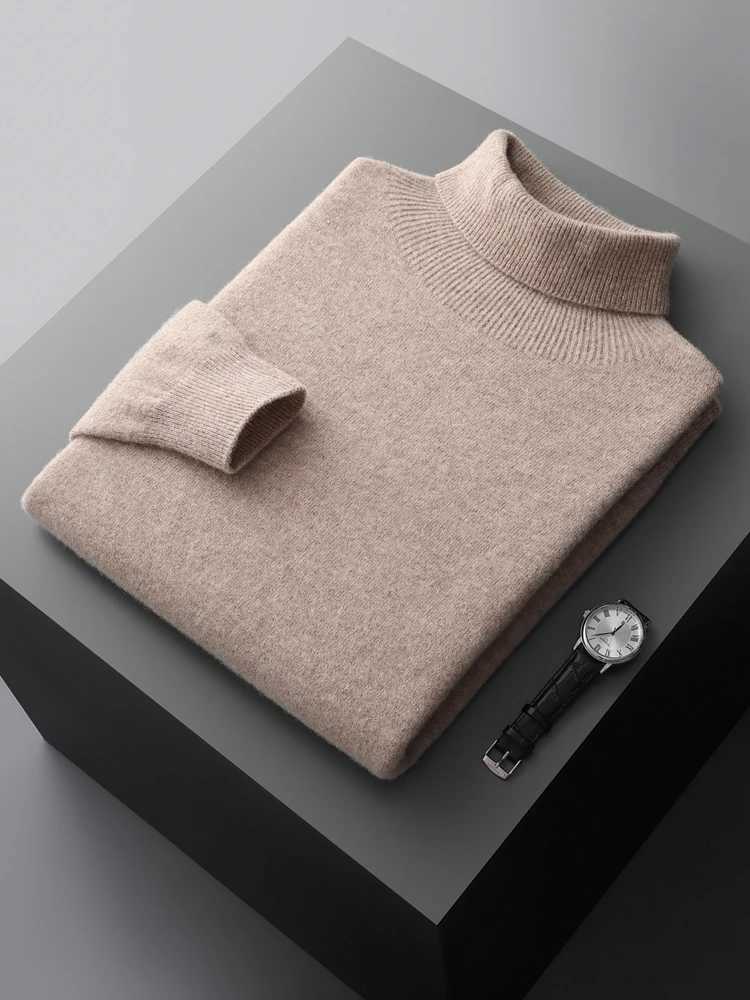 Autumn Mens Turtle Neck Solid Color Long Sleeve Warm Pulling 00% Merino Wool Knitted Sweater High end Commercial Thick Top W2411111