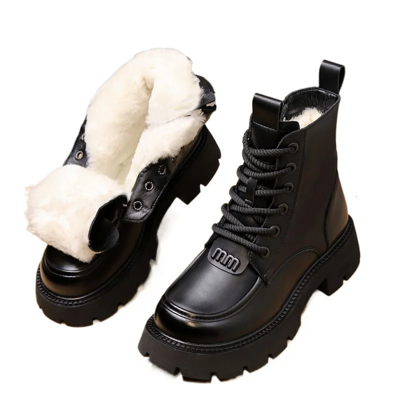 Winter Women Shoes Round Toe Chunky Heel Boots Genuine Leather Shoes for Women Warm Wool Snow Boots Zipper Platform Shoes Women 241112
