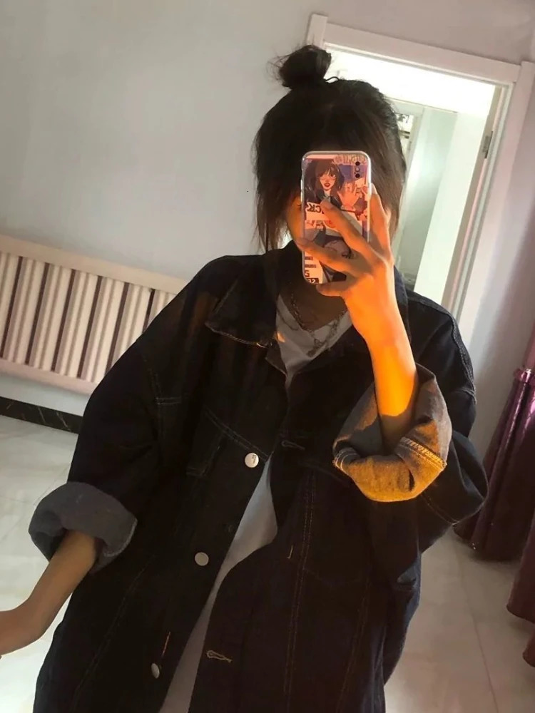 Retro denim jacket womens Harajuku dark blue denim jacket Korean fashion ultra-fine Y2k aesthetic Glenqi jacket 241112