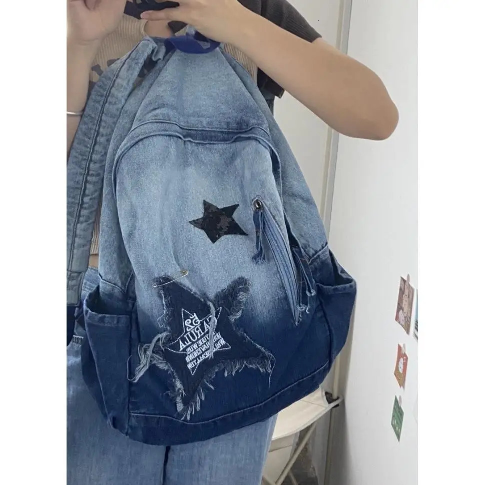 Womens Y2k backpack Korean style denim school bag womens star pattern teenage student backpack book embroidery bag 241111