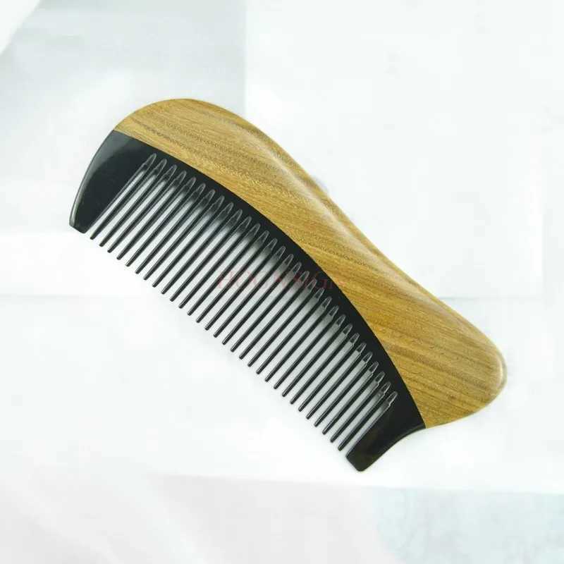 Natural Green Sandalwood Comb - Non static Wood Fine Teeth Black Water Bull Horn Comb W241112