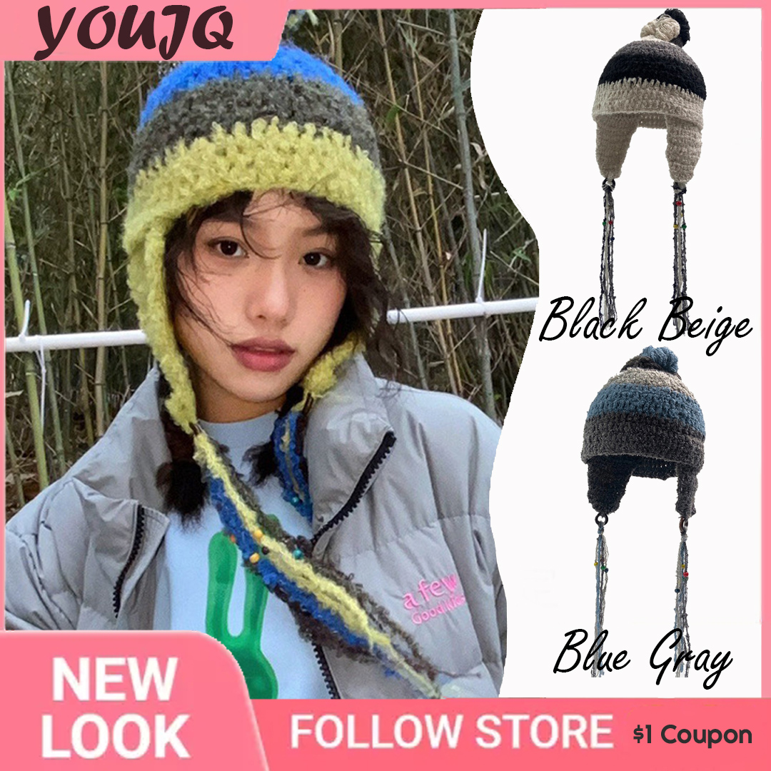 Y2K Autumn Winter Crochet Hats for Women Ears Warm Blue Green Beanies Female Preppy Windproof Cap Earflap Bomber Hat Gorra 002e8