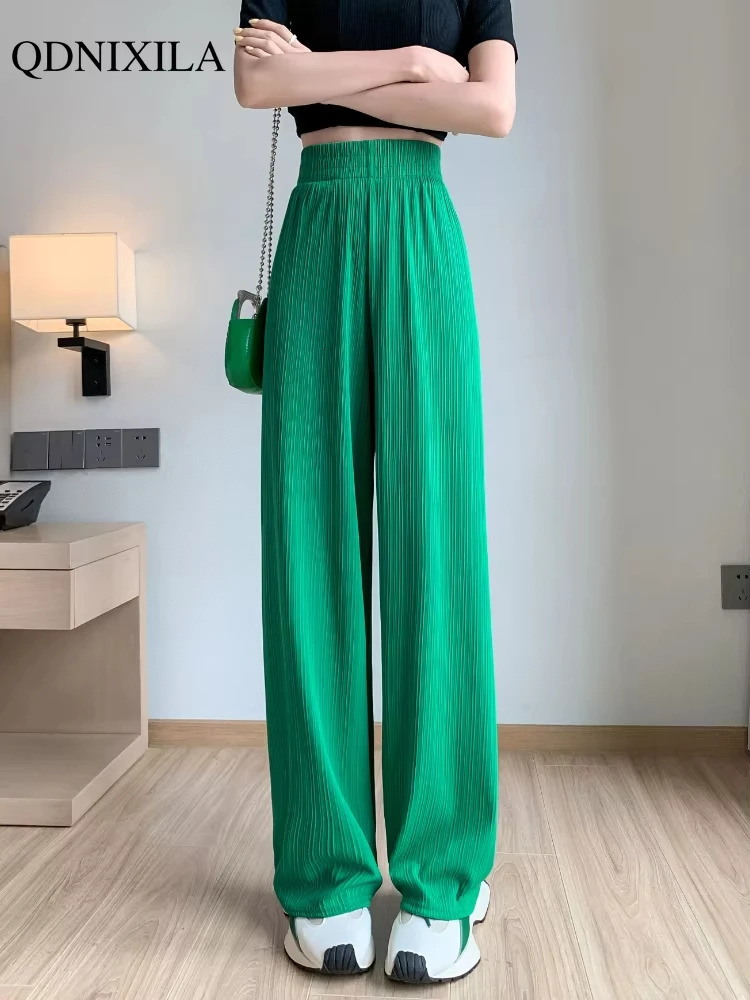 2024 Spring Summer Ice Silk Wide Leg Pants for Women Korean Thin Chiffon High Waist Saggy Loose Straight Casual Fashion Trousers 241108