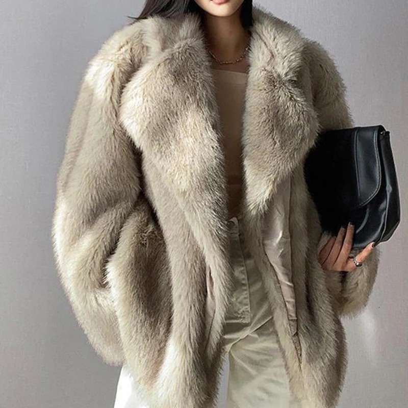 Artificial fox fur coat womens winter warm cardigan Lambswool medium long lapel loose plush coat oversized teddy jacket 241112