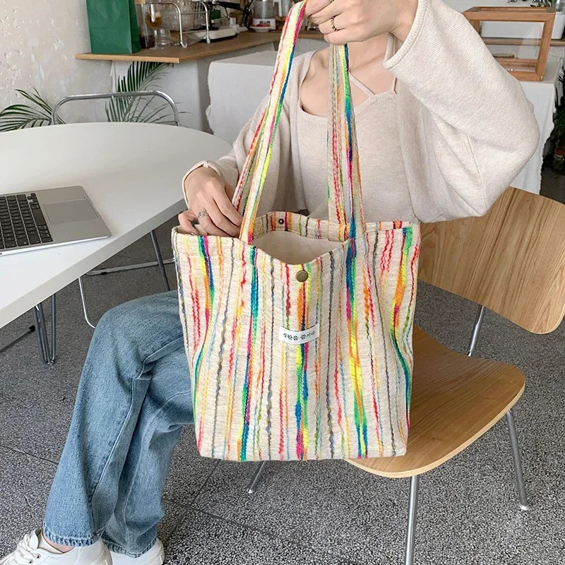 Rainbow canvas shoulder bag womens handbag crochet beach bag casual buckle cute striped shopping handbag 241111