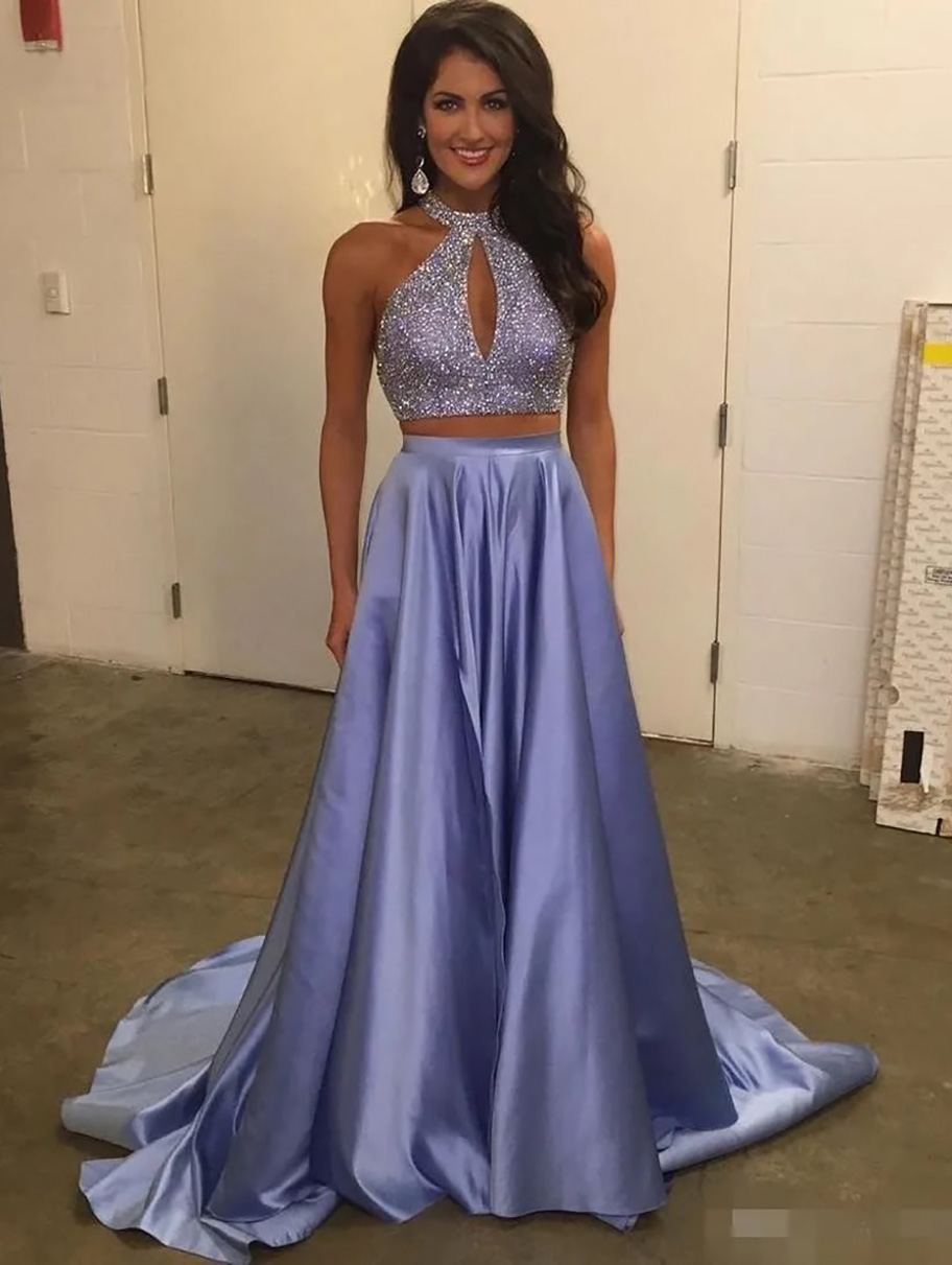 Prom Dresses Satin Beaded Sequins Two Piece Halter Sweep Train Evening Gown Formal Ocn Wear Custom Made Lavender