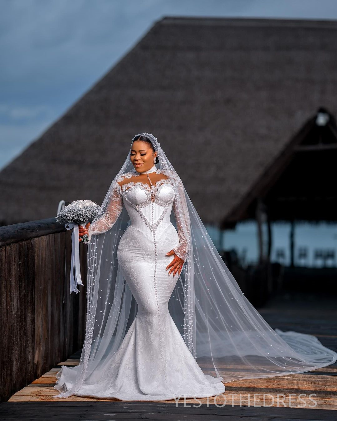 2024 African Wedding Dress Bridal Gowns Plus Size Mermaid Wedding Gowns High Neck Long Sleeves Beaded Pearls Lace Gowns For Nigeria Black Women Marria