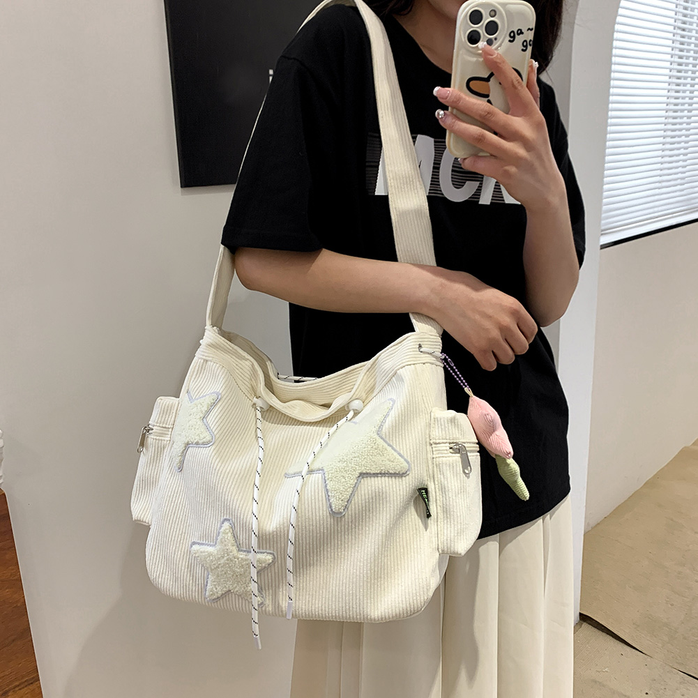 Korean Star Pattern Women Shoulder Bag Casual Corduroy Crossbody Bag with Pendant Large Capacity Kawaii Satchel Campus Tote Bags b1ee4