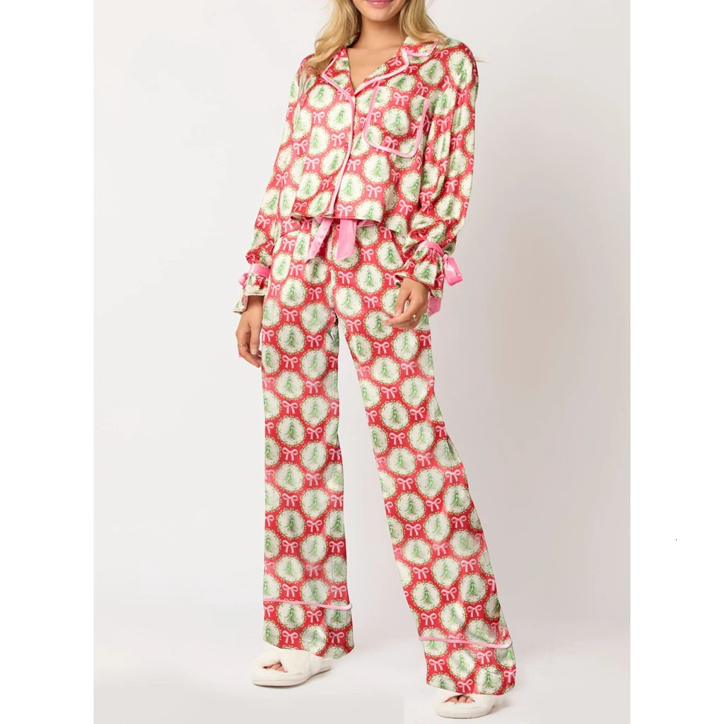 HEZIOWYUN Womens 2Pcs Loungewear Christmas Pjs Outfit Set SantaTree Print Lapel Button-up Long Sleeve Tops Drawstring Pants 241112