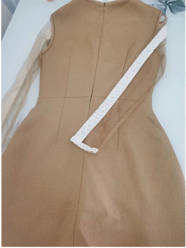 High Quality Luxury Design Vintage Lace Patchwork Runway Dress Womens Mesh Long Sleeve Elegant Dresses Female Clothing