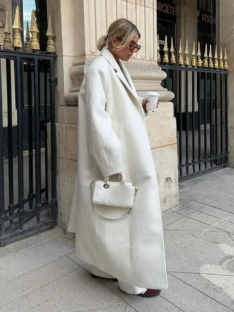 Autumn white collar long sleeved wool coat for women fashionable single button oversized long sleeved coat casual womens high street clothing 241112
