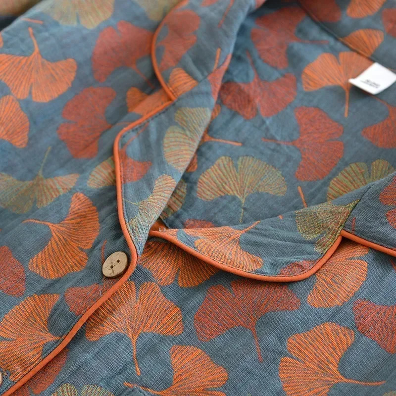 Spring/Summer Womens Pajamas Long Sleeve Mens Two Piece 100% Cotton Crepe Flower Leaf Home Clothes 241112