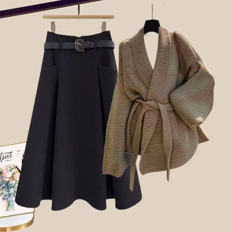 Autumn and Winter Set Womens Fashion Age Stress Relief Waist Clip Open Woolen Sweater Medium Long Two Piece Set 241112