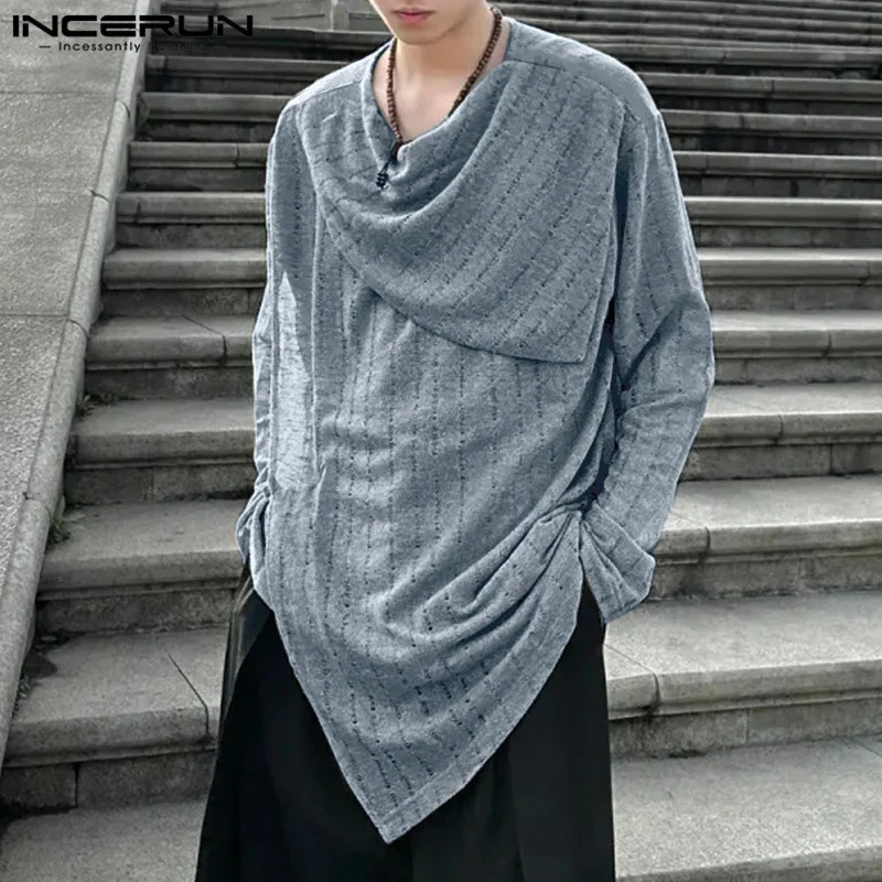 INCERUN Mens Irregular T-shirt Knitted Hollow Solid Color Long Sleeve Casual Mens Street Clothing Fashion T-shirt 241112