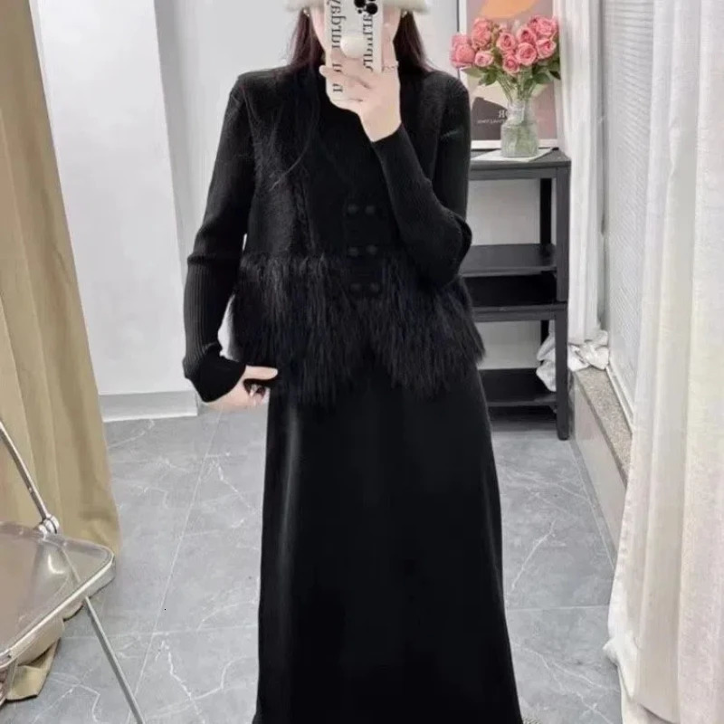 Vest Knitted Dress Two Piece Set Autumn/Winter Weight Loss Sweater Elegant Womens Wear Set 241112