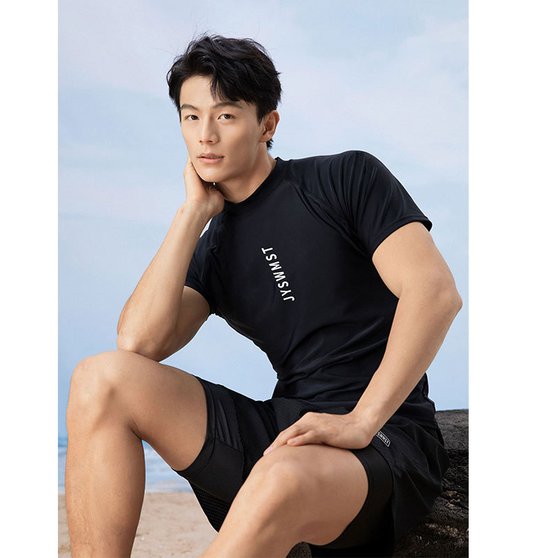 Men Swimsuit 2 Piece Set Shirt And Double Layer Shorts Rashguard Wetsuit Beach Surfing Board Sportswear Water Park Clothing 9b779