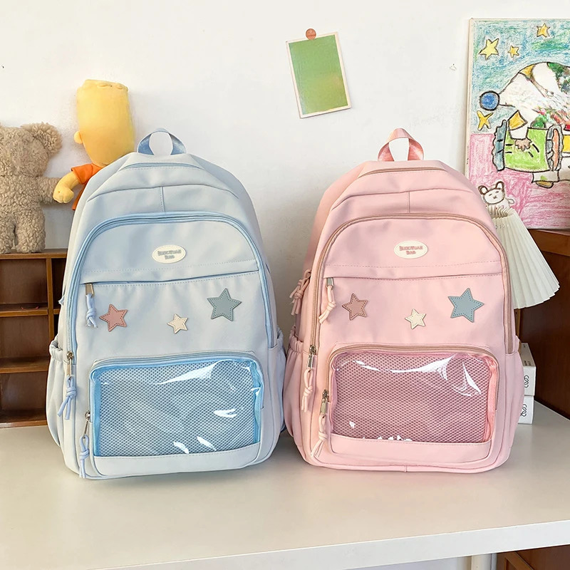 Japanese Y2k Aesthetic Star Transparent Backpack Womens Student Leisure Kawaii Star Schoolbag High Capacity Preparatory Backpack 241111