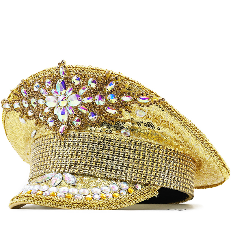 Hot Women Sequin Burning gold Bride Military Hat Handmade Sailor Captain Sergeant Hat Birthday Festival Part Hat 25dff
