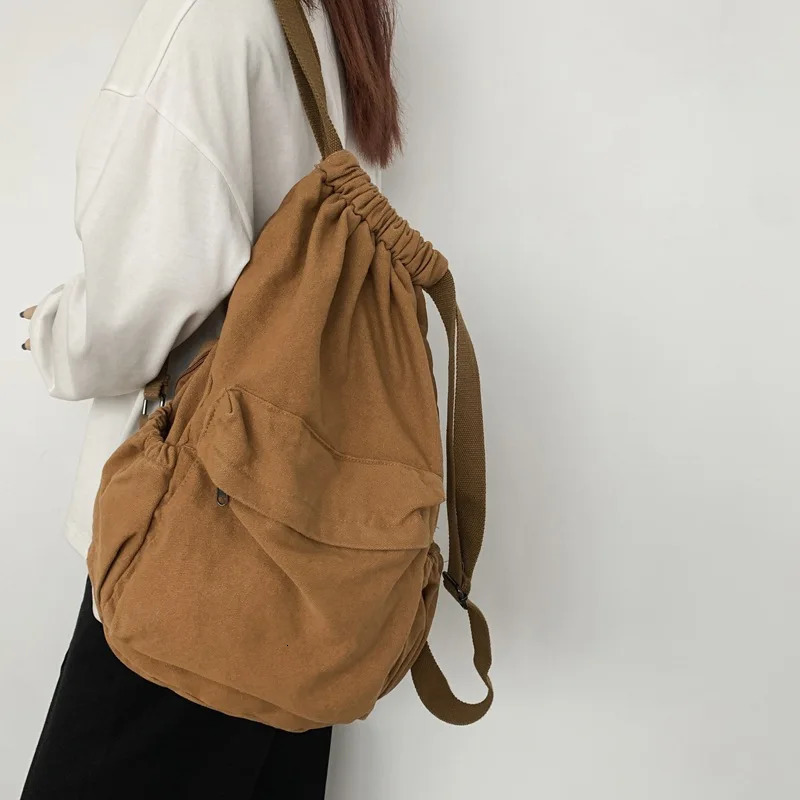 solid color retro style canvas Korean casual womens backpack Harajuku high school student washing canvas drawstring backpack 241111
