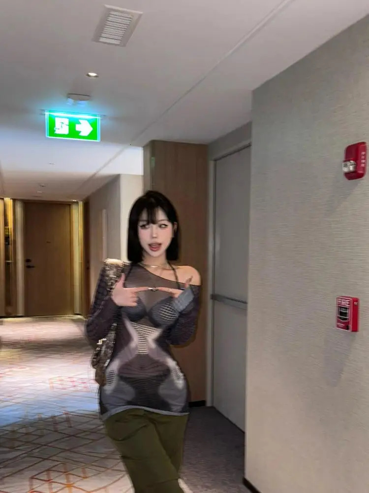 Tawaaiw Gothic Black Transparent Mesh Top Long Sleeve Perspective T-shirt Womens Clothing Korean Fashion 2000s Clothing Y2k T-shirt 241112