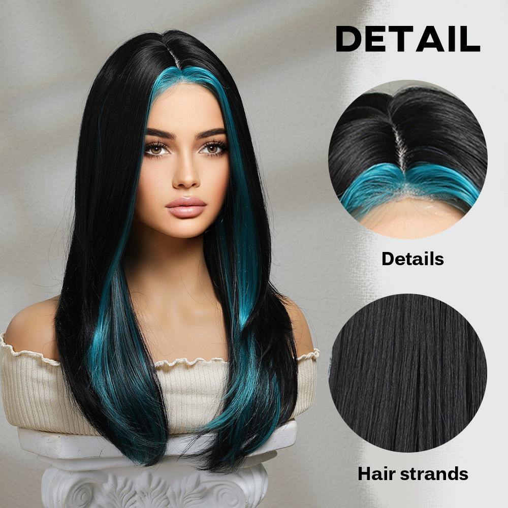 oneNonly Synthetic Wigs Long Black Green Wig for White Women Cosplay Daily Hair Heat Resistant 82c67