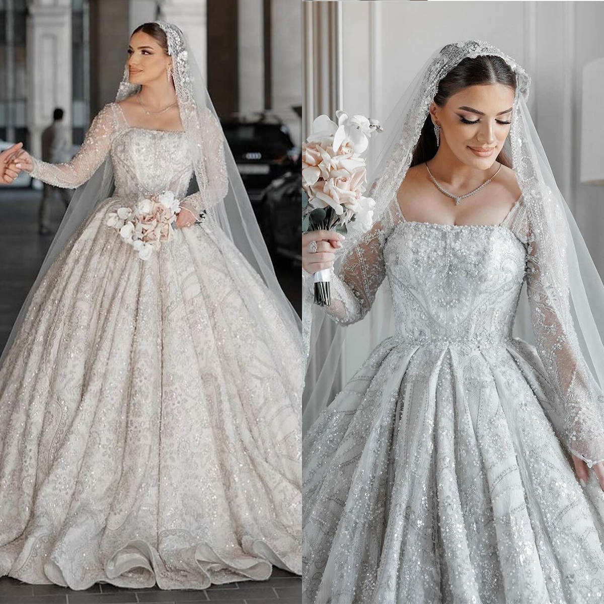 Wedding Dress For Women Square Collar Long Sleeves Bridal Gown Sequins Lace With Veil Sweep Train Customized Dresses