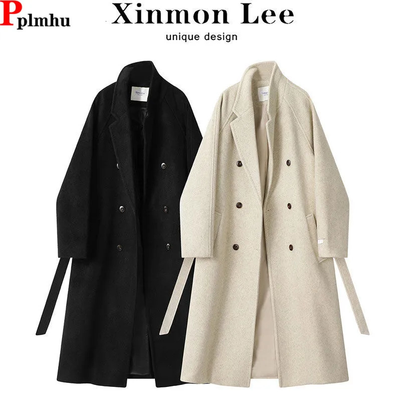 Thick and long wool jacket with waistband Korean autumn and winter collar Abrigos wool blend Chaquetas elegant classic womens vest 241112