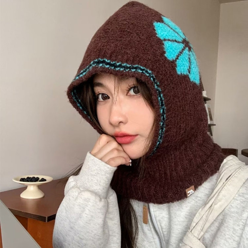 Knitted Ear Flap for Female Girl Winter Warm Balaclava Scarf Women Crochet Neck Cover Hat Teens Soft Hooded Cap