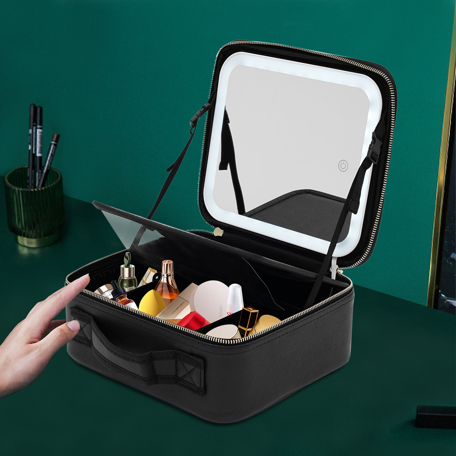 Cosmetic Organizer Case with LED Mirror Travel Makeup Bag Large Capacity PU Adjustable Compartment Makeup Storage Box f5b2d