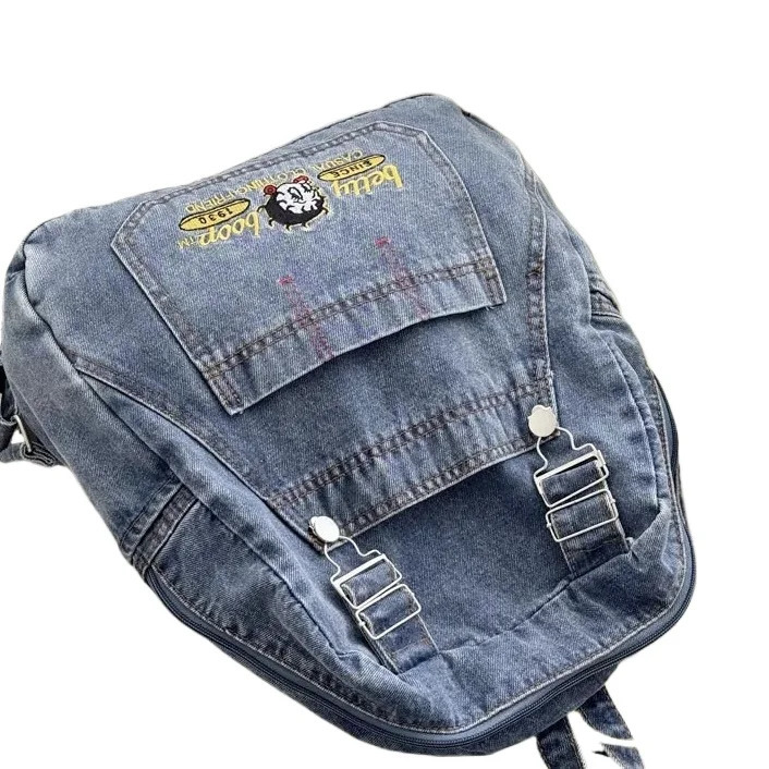 Fashionable Harajuku style denim clothing cool cartoon cute large backpack capacity student backpack for school 241111