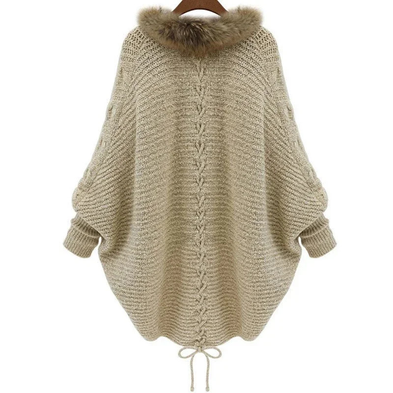 Women Cardigans Sweater Thick Poncho Capes 2024 Autumn Winter Femme knitted Bat Sleeve Fur Collar Knitted Long Cardigan 241108
