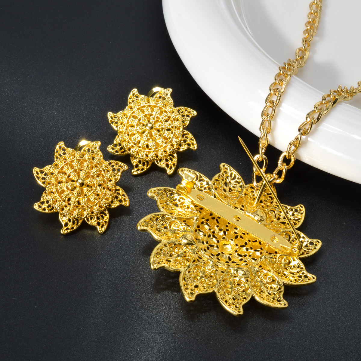 Ethiopian African Jewelry Set for Women Arabic Dubai Chain Necklace Flower Pendant Earrings Ring Gold Color Brooch Wedding Gift f4fe1
